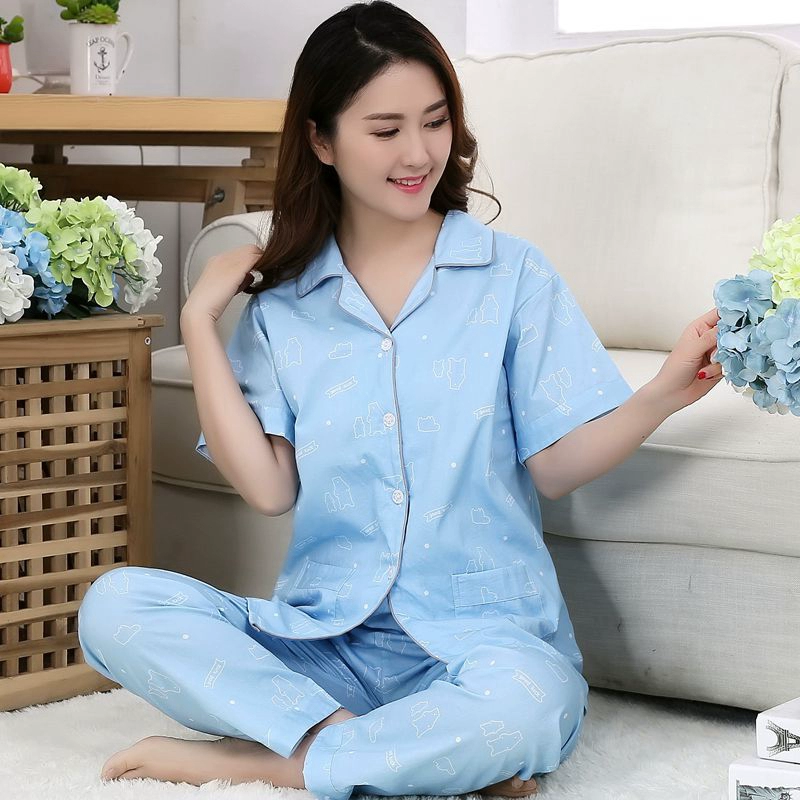 Đồ ngủ phụ nữ mùa hè quần ngắn tay cotton tinh khiết mỏng mặc nhà mùa hè mẹ trung niên bộ đồ cotton giản dị - Bộ Pajama