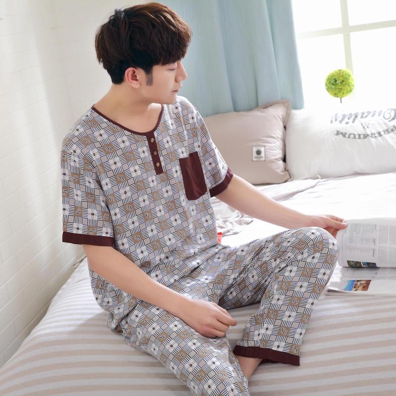 Bông lụa trung niên đồ ngủ nam mùa hè cotton quần ngắn tay đồ ngủ phù hợp với giản dị bông lụa dịch vụ nhà