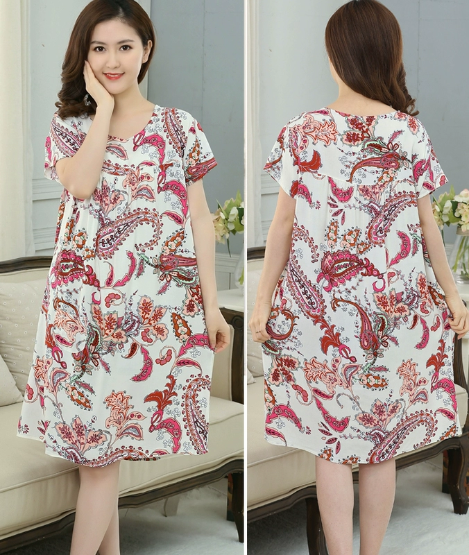 Mùa hè cộng với phân bón để tăng cotton lụa của mẹ nightdress nhân tạo bông trung niên nữ đồ ngủ ngắn tay cotton lụa thai sản nightdress