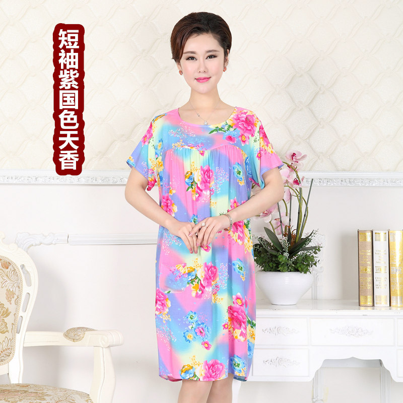 Mùa hè cộng với phân bón để tăng cotton lụa của mẹ nightdress nhân tạo bông trung niên nữ đồ ngủ ngắn tay cotton lụa thai sản nightdress