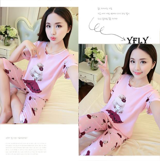 Hàn quốc phiên bản của bông nhân tạo ngắn tay dễ thương ladies cotton lụa cotton home dịch vụ mùa hè đồ ngủ phần mỏng quần phù hợp với