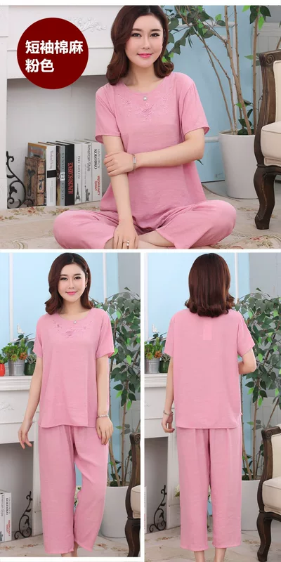 Hàng ngày đặc biệt cotton ngắn tay đồ ngủ phụ nữ mùa hè bông và phân bón cộng với tăng người già mẹ nạp bông lụa nhà mặc bên ngoài mặc kiểu đồ bộ may vải thun bông