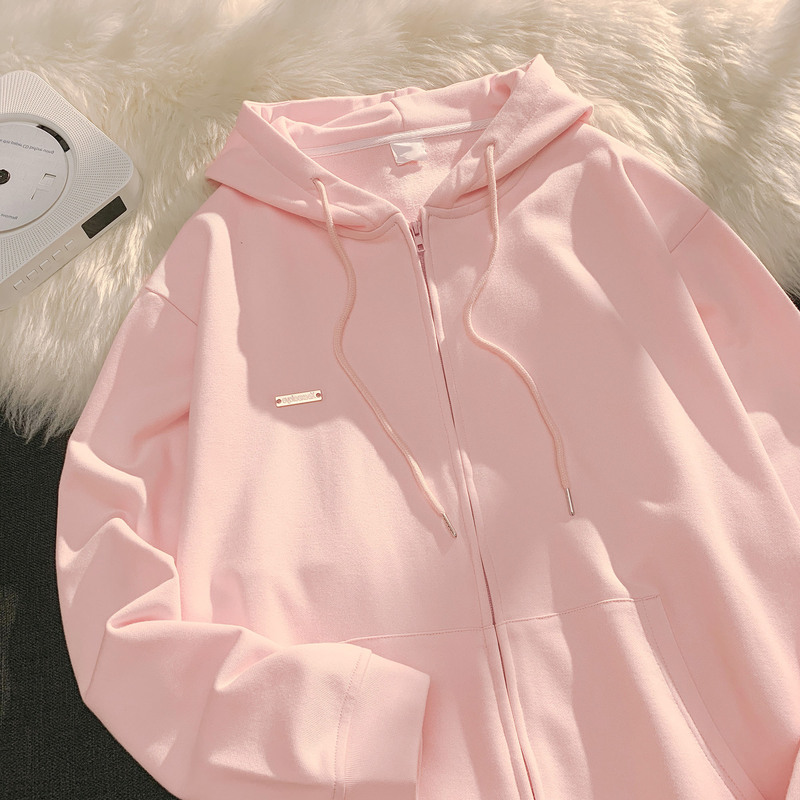 White Cherry Blossom Pink Cardigan Sweatshirt for Women, Spring and Autumn, Unique Design, Sweet Hooded Zipper Couple Thin Top