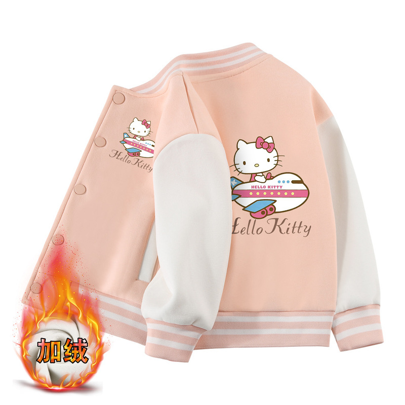 Girls' Thickened Fleece Baseball Jacket, New Autumn and Winter Korean Style, Hello Kitty Jacket, Trendy Top