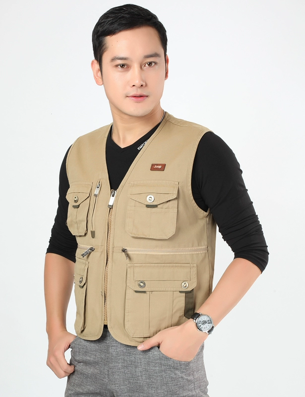 Mùa xuân và mùa thu nam trung niên cotton V-cổ cỡ lớn nhiều túi vest giản dị câu cá nhiều túi chụp ảnh vest áo ấm nam mùa đông