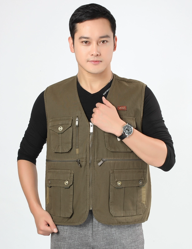 Mùa xuân và mùa thu nam trung niên cotton V-cổ cỡ lớn nhiều túi vest giản dị câu cá nhiều túi chụp ảnh vest áo ấm nam mùa đông