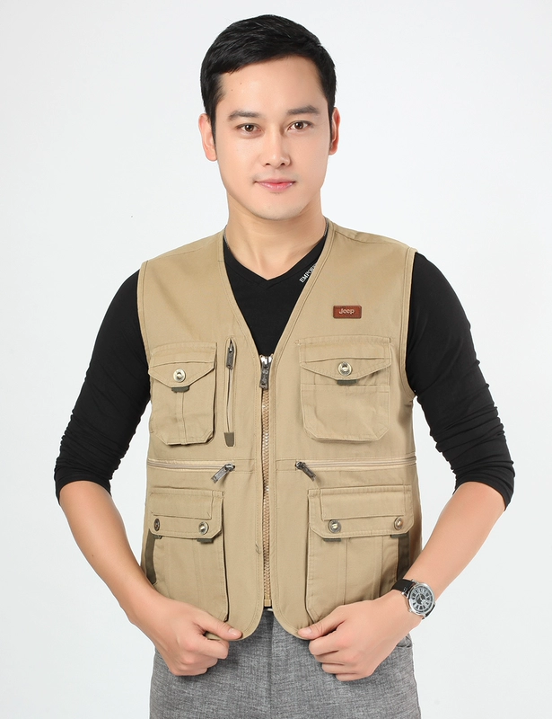 Mùa xuân và mùa thu nam trung niên cotton V-cổ cỡ lớn nhiều túi vest giản dị câu cá nhiều túi chụp ảnh vest áo ấm nam mùa đông