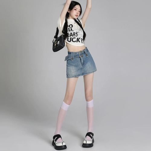 Ретро юбка в складку, летняя джинсовая юбка, ремень, штаны, в американском стиле, высокая талия, по фигуре, А-силуэт