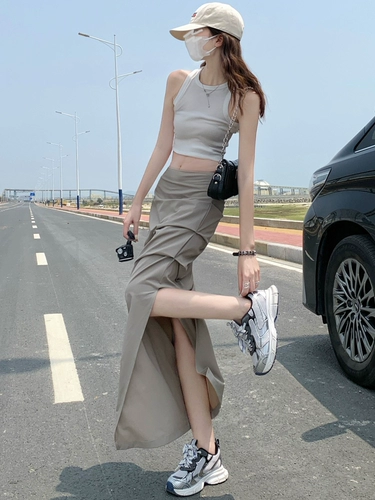 Абрикосовая брендовая длинная юбка для отдыха, высокая талия, европейский стиль, по фигуре, с акцентом на бедрах, средней длины