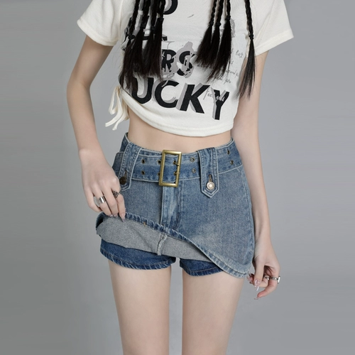 Ретро юбка в складку, летняя джинсовая юбка, ремень, штаны, в американском стиле, высокая талия, по фигуре, А-силуэт