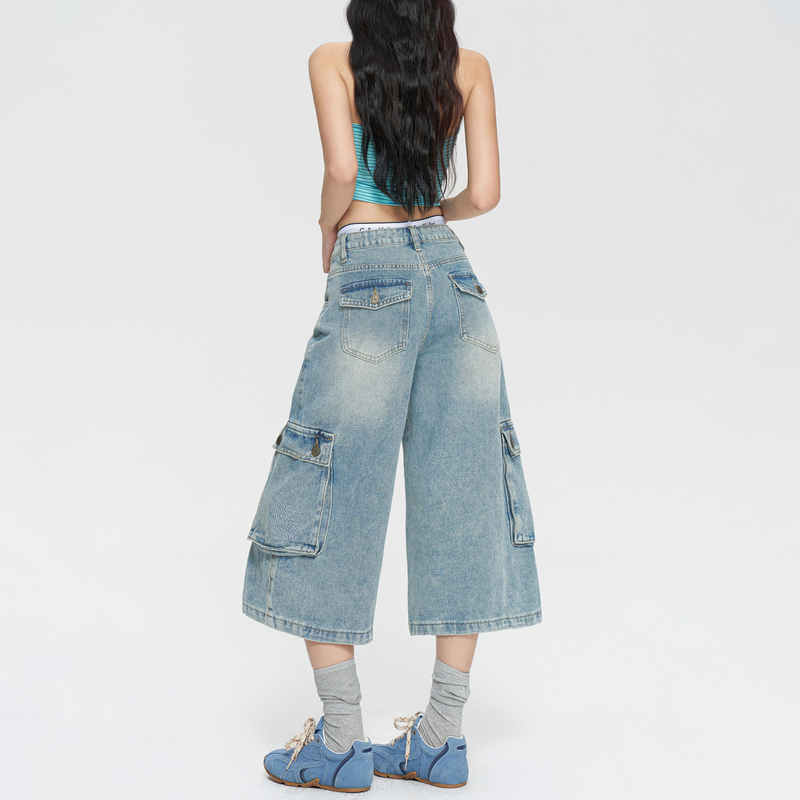 American-Style Workwear Style Cropped Jeans for Women 2026 New Model for Petite Figures, Multi-Pocket, Low-Waist, Loose Fit, Slimming Wide-Leg Pants