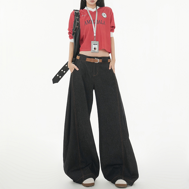 Women's Black Loose-Fitting Scimitar Pants 2025 New Low-Waist Casual Drapey Wide-Leg Jeans