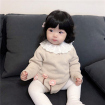 Female baby autumn and winter new products 0-1 year old baby knitted jumpsuit bag fart clothes Newborn clothes handmade three flowers