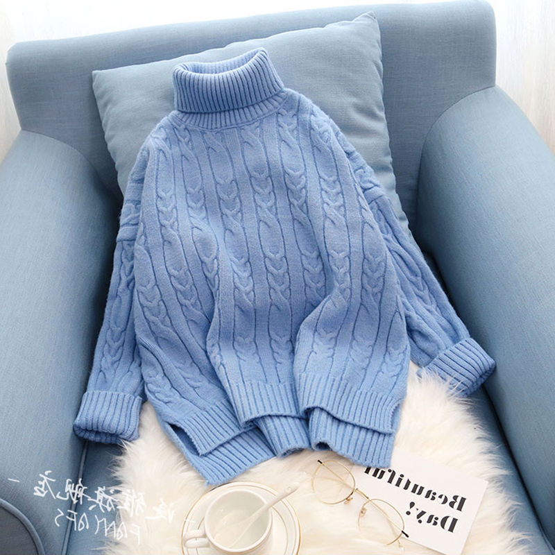 Blue Trendy Turtleneck Sweater for Women, Loose Fit, Suitable for Autumn and Winter, Cable Knit, Lazy Style, 2024 New Pullover Knitwear Blue Trendy Turtleneck Sweater for Women, Loose Fit, Suitable for Autumn and Winter, Cable Knit, Lazy Style, 2024 New Pullover Knitwear