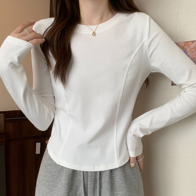 Chic Fishbone Patchwork Brushed White Base Shirt for Petite Women, New Autumn and Winter Korean Style Slim-Fit Long-Sleeve T-Shirt for Women