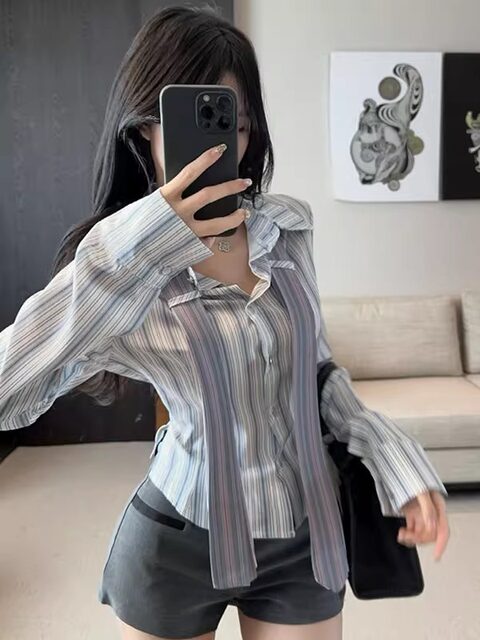 High-End Striped Long-Sleeved Shirt with Tie for Women, New Autumn Fashion, Stylish, Cinched Waist, Irregular Hem Top