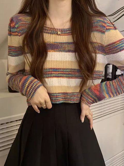 Petite Rainbow Striped Knit Sweater for Women, New Autumn Vintage Style, Round Neck, High Waist, Short Length, Long Sleeve Sweater