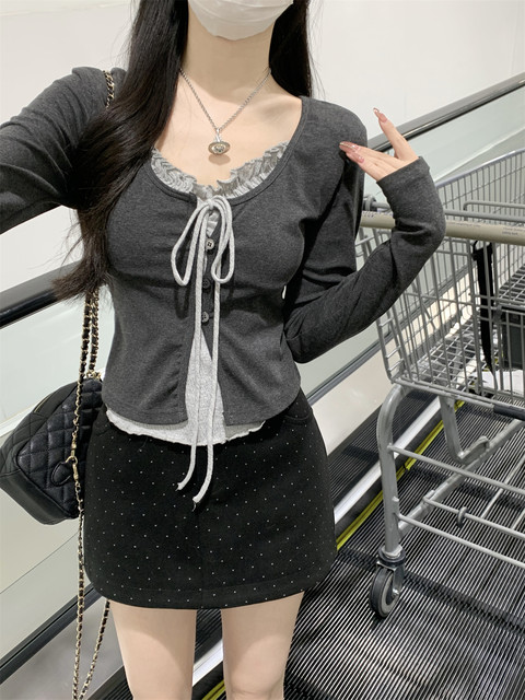 Korean Style Ruffled Design Fake Two-Piece Women's Long-Sleeve Spring New Tie-Neck Round-Neck Color-Block Slim Short Top