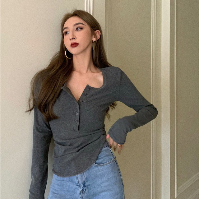 Trendy Half-Open Collar Ribbed Cotton Long-Sleeve T-Shirt for Women, Autumn and Winter New Korean Style Slim-Fit Pullover Base Shirt