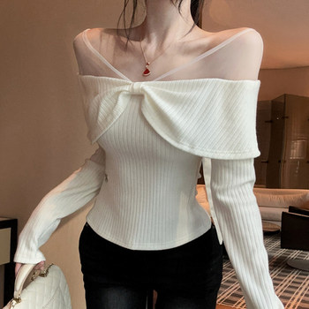 Sweet and Pure Style Mesh Splicing One-Shoulder Long-Sleeved T-Shirt for Women, New Winter Style with Bow, Hollow Back Top