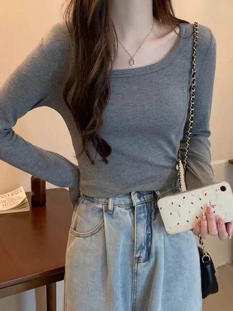 Petite Slim-Fit Square-Neck Long-Sleeve Inner T-Shirt for Women, 2025 Autumn New Basic Versatile Short Base Shirt