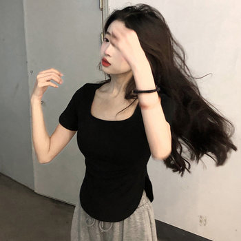 Chic U-Neck Curved Hem Slit Short-Sleeve T-Shirt for Women, Black, New Summer Korean Style Irregular Top, Short T-Shirt