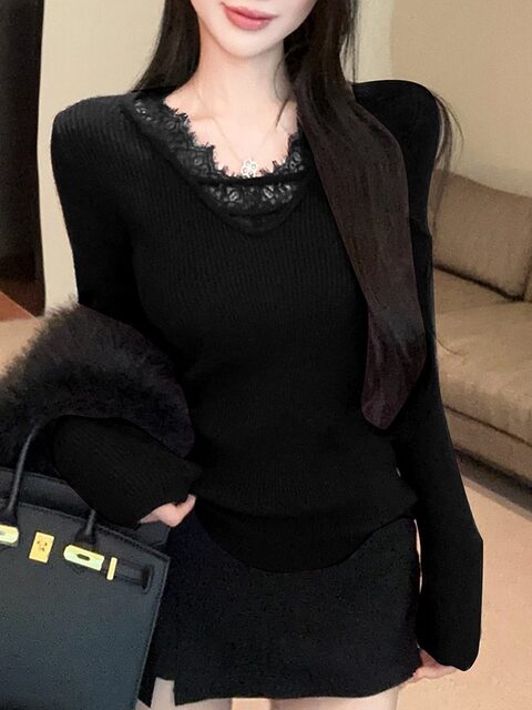 Pure and Sensual Design Lace V-Neck Knit Sweater for Women, New Winter Style, High-End Feel, Can Be Worn as an Inner Layer or Outerwear, Slim-Fit Sweater ins
