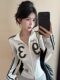 Designed with a Sense of Style, Double Zipper Stand Collar Long-Sleeve Cardigan for Women, New Autumn Fashion with Trendy Color-Blocking Letter Print Jacket