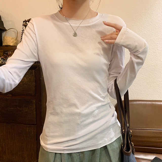 Rolled Edge Slightly Sheer Sun Protection T-Shirt for Women, Long-Sleeved, White, New Autumn and Winter Korean Style, Slim Fit, Layered Elastic Base Shirt for Women ins