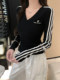 Casual Style Color-Block Striped Long-Sleeve Ribbed T-Shirt for Women, New Spring Korean Style V-Neck Letter Embroidery Slim-Fit Base Shirt