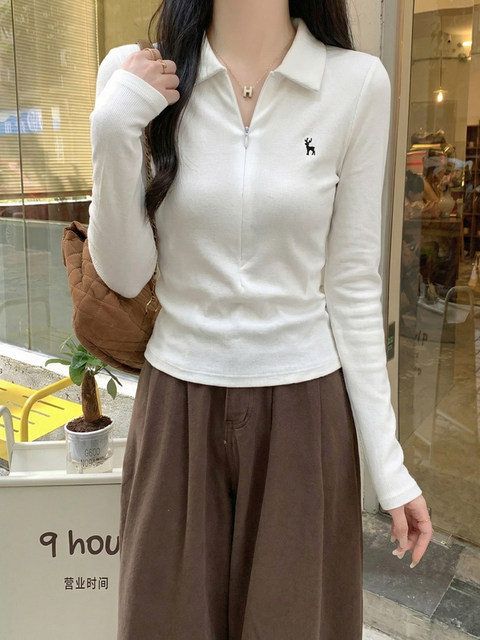 Fawn Embroidered Half-Zip Polo Collar White Long-Sleeve T-Shirt for Women, New Spring Korean Style Casual Slim-Fit Top