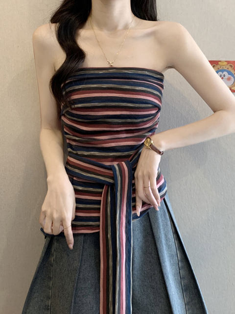 American-Style Hot Girl Retro Striped Tie-Up Tube Top for Women, New Summer Design with Irregular Hem, Waist-Cinching Sleeveless Top