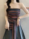 American-Style Hot Girl Retro Striped Tie-Up Tube Top for Women, New Summer Design with Irregular Hem, Waist-Cinching Sleeveless Top