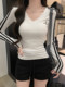 Korean Style Spicy Girl V-Neck Letter Embroidery Color-Blocking Striped Long-Sleeve T-Shirt for Women, New Spring Casual Slim-Fit Base Shirt
