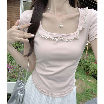 Age-Reducing Sweet Girl Style Square-Neck Short-Sleeve T-Shirt for Women with Lace Trim, New Summer Design with Delicate Ruffled Edges