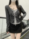 Korean Style Ruffled Design Fake Two-Piece Women's Long-Sleeve Spring New Tie-Neck Round-Neck Color-Block Slim Short Top