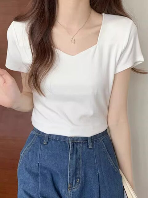 Klein Blue V-Neck Collarbone-Exposing Short-Sleeve T-Shirt for Women, Slim Fit, 2025 Summer New Korean Style, Simple and Versatile Top