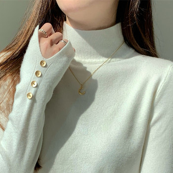 Slim-Fit Elegant Button Cuff Slit Design Knit Sweater for Women, New Autumn Half-Turtleneck Andy Velvet Base Sweater