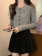 Hot Girl Style Gray Short Cardigan for Women, New Spring Korean Style for Petite Figures, Color-Blocked Round Neck Long-Sleeve Top