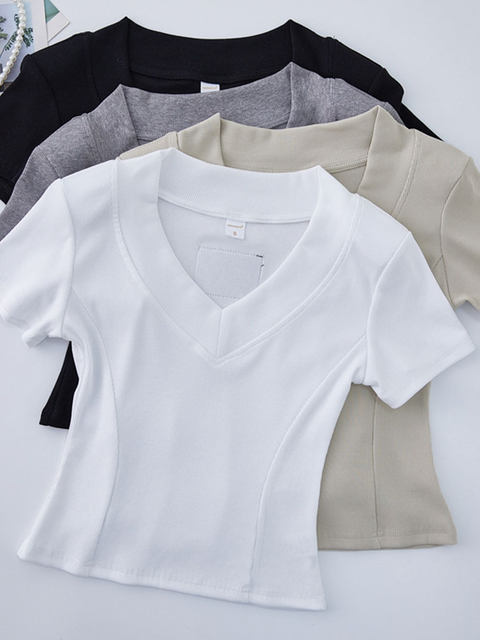 Slim-Fit V-Neck Padded Shoulder Short-Sleeve T-Shirt for Women with Fishbone Design, New Summer Style, Subtle Back Label Short Top