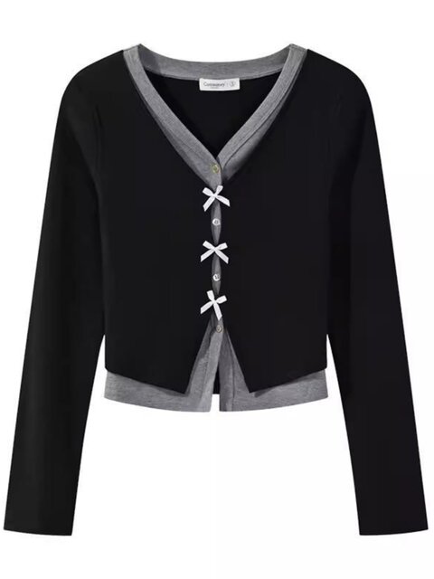 Sweet Bow V-Neck Long-Sleeve Faux Two-Piece Women's Design with Contrasting Colors, New Spring Slim-Fit Short Top
