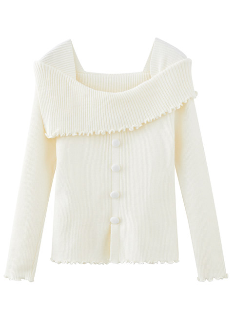 Chic Ruffled Off-Shoulder Buttoned Long-Sleeve Knit Sweater for Women, New Autumn and Winter Slim-Fit Sweet Pullover Sweater for Women