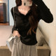 Chic Half-Open Collar Buttoned Ribbed Long-Sleeve T-Shirt for Women, New Autumn and Winter Korean Style Slim-Fit Base Shirt for Women