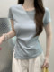 Korean-Style Fresh Blue Round-Neck Short-Sleeve T-Shirt for Women, New Summer Design with Twist Knot and Slit, Slim-Fit Waist-Cinching Top