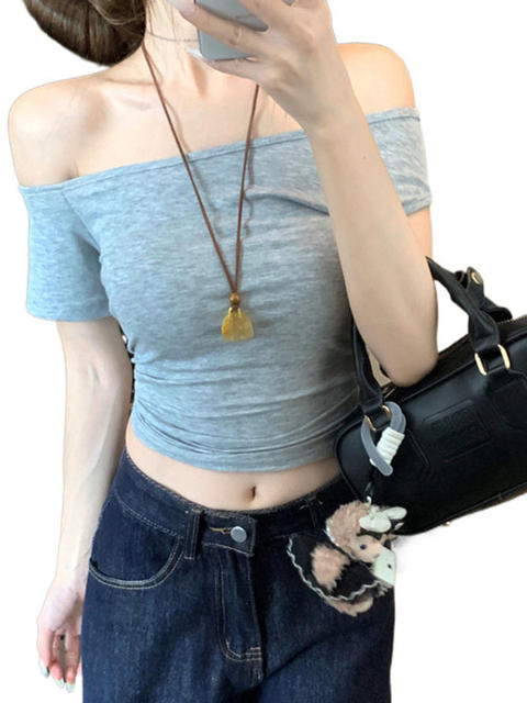 Sexy Hollow-Out Backless Off-Shoulder Short-Sleeve T-Shirt for Women, 2026 Summer New Style, High-Waisted Short Top