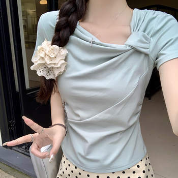 Korean-Style Gentle Blue Short-Sleeve T-Shirt for Women, New Summer Design with Unique Twist, Diagonal Neckline, Ruched Slim-Fit Top