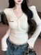 Embroidered Letter V-Neck Padded Shoulder Long-Sleeve T-Shirt for Women, Slim Fit, New Spring Style, Sexy Tight-Fitting Short Base Shirt