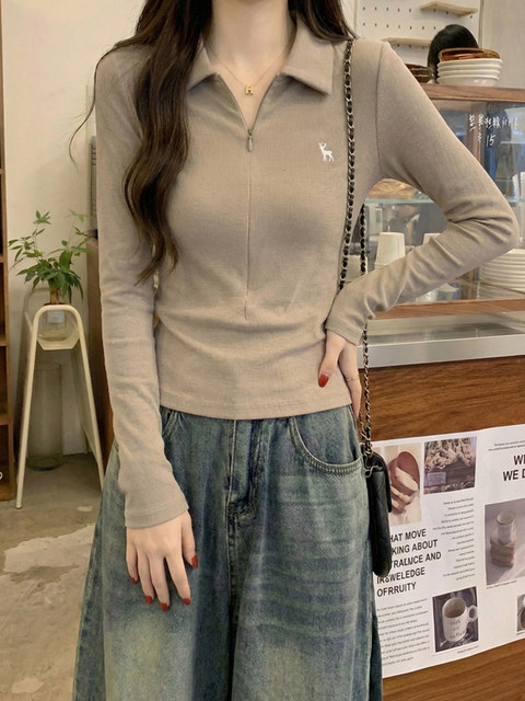 Fawn Embroidered Half-Zip Polo Collar White Long-Sleeve T-Shirt for Women, New Spring Korean Style Casual Slim-Fit Top