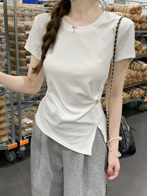 Korean-Style Fresh Blue Round-Neck Short-Sleeve T-Shirt for Women, New Summer Design with Twist Knot and Slit, Slim-Fit Waist-Cinching Top