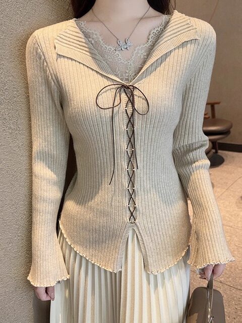 Elegant Slim-Fit Lace-Trimmed Tie-Up V-Neck Knit Sweater for Women with Ruffled Edges, New Winter Style with Bell Sleeves
